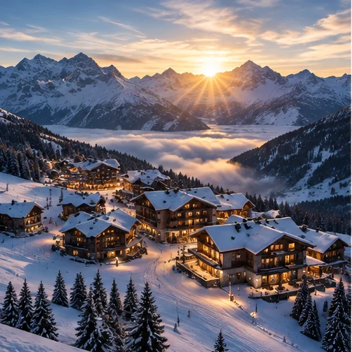 Illustrative Alpine ski village at sunset