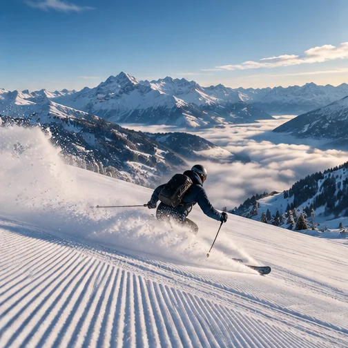 Illustrative ski equipment arranged on a snowy mountain terrace