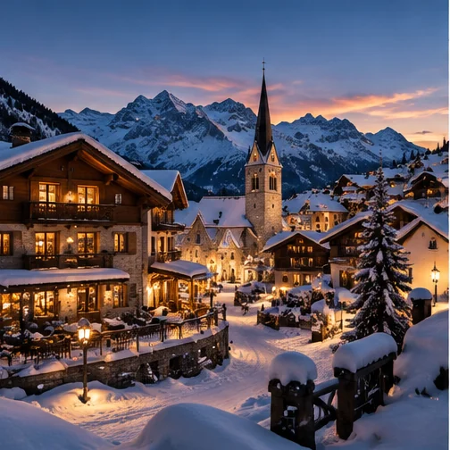 Illustrative Alpine winter village and snow-capped mountains