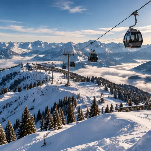 Illustrative mountain cable cars and snowy mountain range